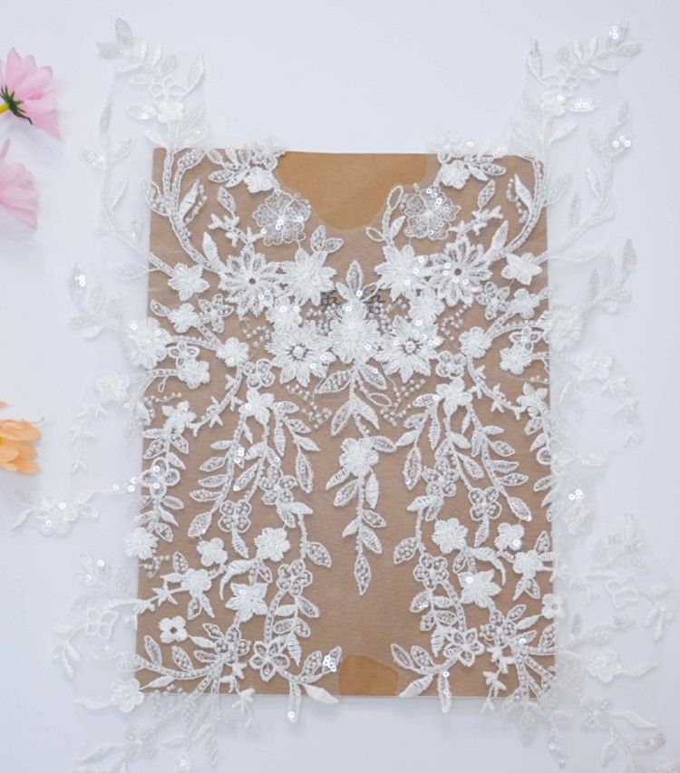1 Yard Pair White Sequined Beaded Corded Embroidered 3D Floral Bridal Lace Trim Applique Material XB134