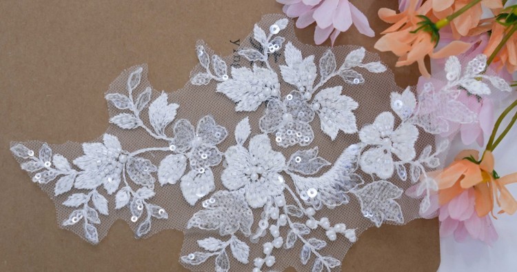 10 Pieces White Sequined Beaded Embroidered Bridal Lace Applique Material XB143A