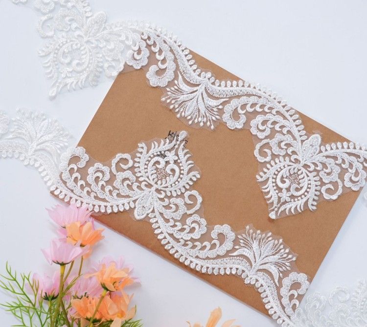 1 Yard Pair White Sequined Beaded Corded Embroidered 3D Floral Bridal Lace Trim Applique Material XB142