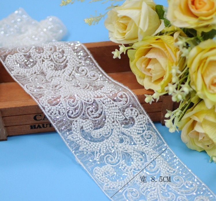 1 Yard Pair White Sequined Beaded Corded Embroidered 3D Floral Bridal Lace Trim Applique Material XB132
