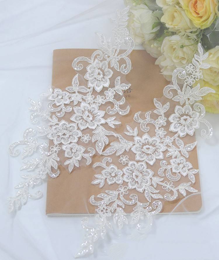 1 Yard Pair White Sequined Beaded Corded Embroidered 3D Floral Bridal Lace Trim Applique Material XB116