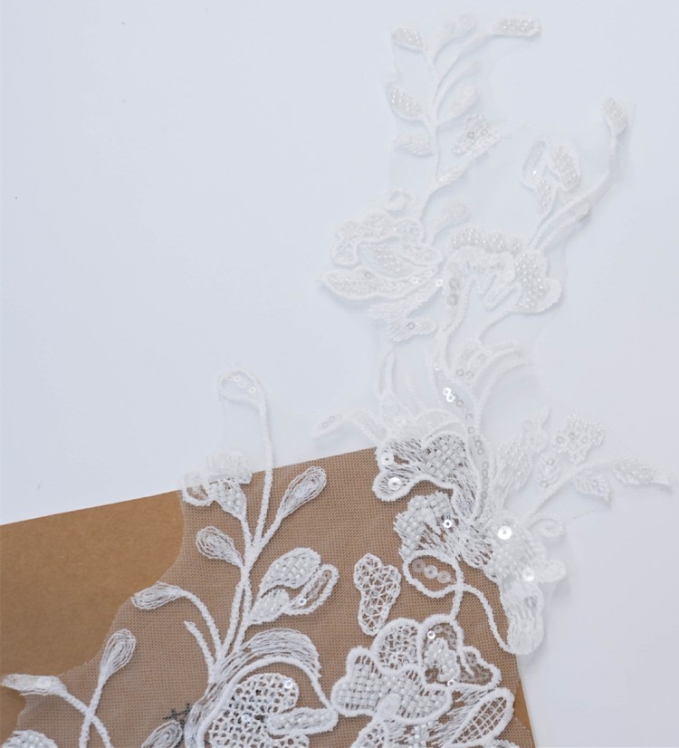 1 Yard Pair White Sequined Beaded Corded Embroidered 3D Floral Bridal Lace Trim Applique Material XB114B