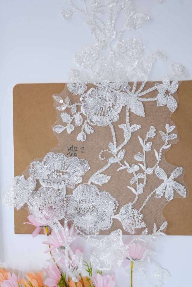 1 Pair White Sequined Beaded Embroidered Bridal Lace Applique Material XB113