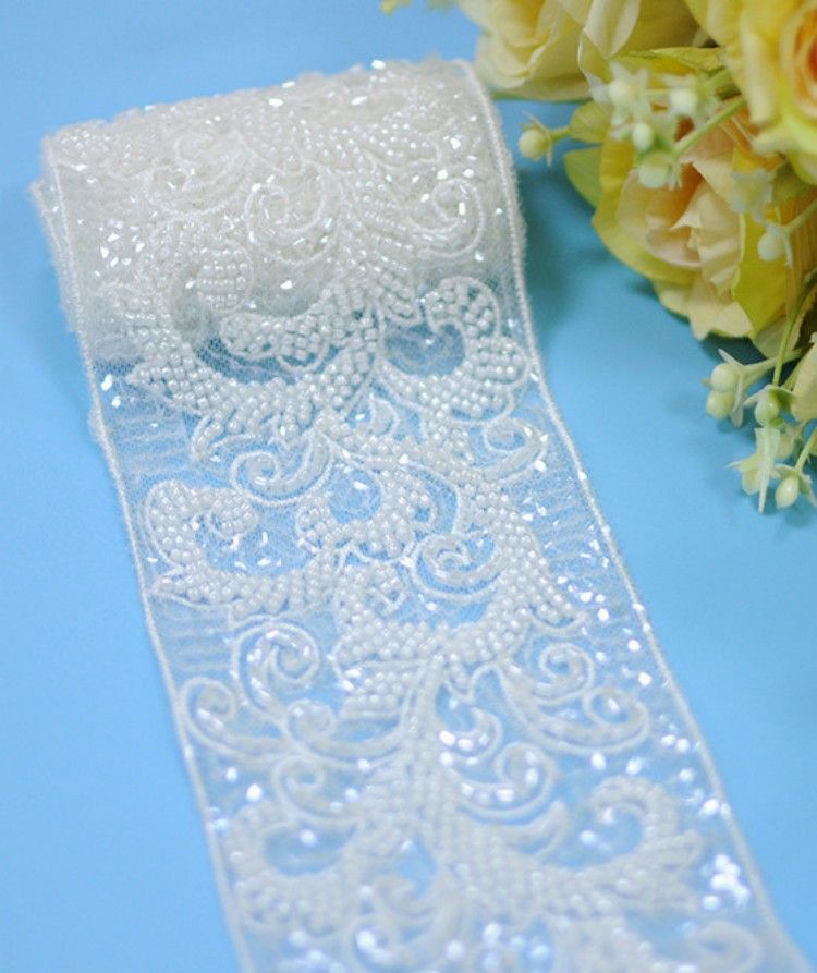 1 Yard Pair White Sequined Beaded Corded Embroidered 3D Floral Bridal Lace Trim Applique Material XB132