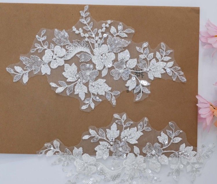 1 Yard Pair White Sequined Beaded Corded Embroidered 3D Floral Bridal Lace Trim Applique Material XB143