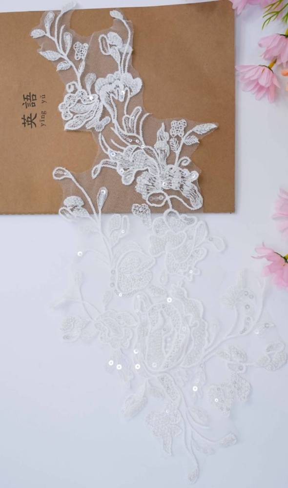 1 Yard Pair White Sequined Beaded Corded Embroidered 3D Floral Bridal Lace Trim Applique Material XB114