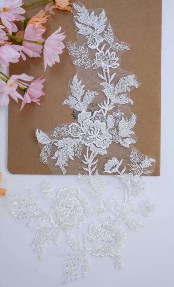 1 Yard Pair White Sequined Beaded Corded Embroidered 3D Floral Bridal Lace Trim Applique Material XB139