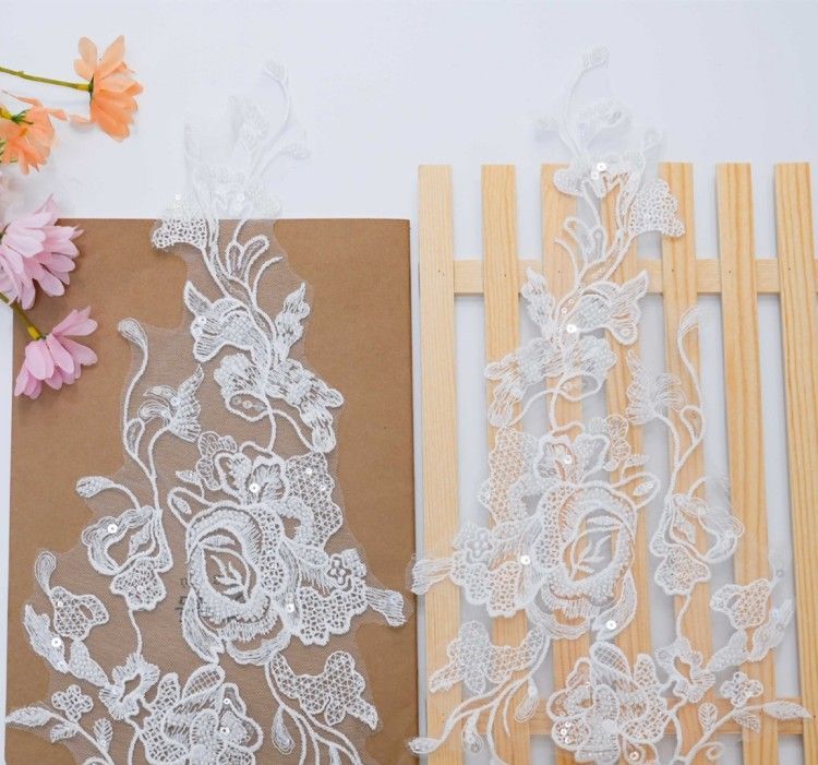 1 Yard Pair White Sequined Beaded Corded Embroidered 3D Floral Bridal Lace Trim Applique Material XB114
