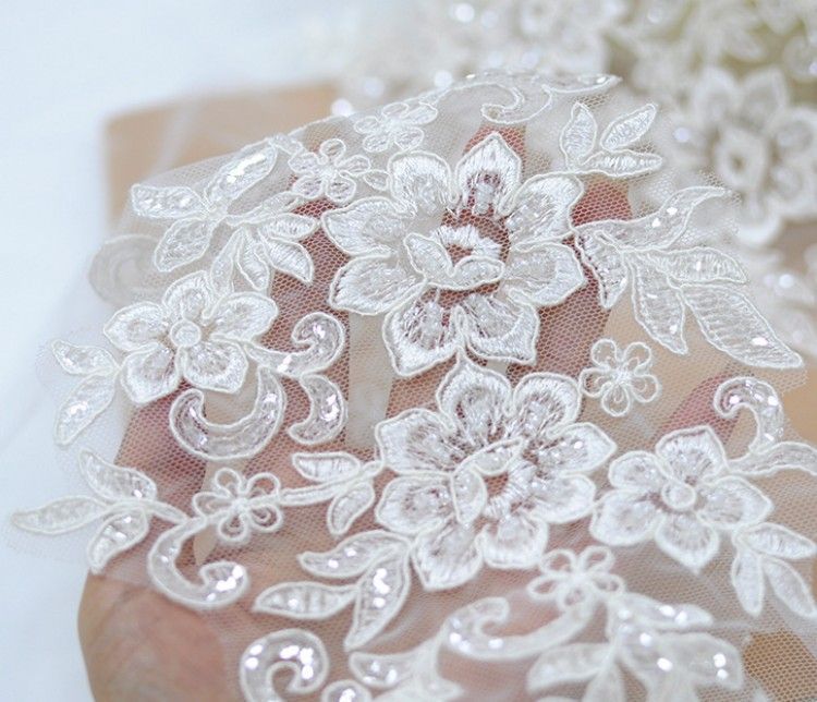 1 Yard Pair White Sequined Beaded Corded Embroidered 3D Floral Bridal Lace Trim Applique Material XB116