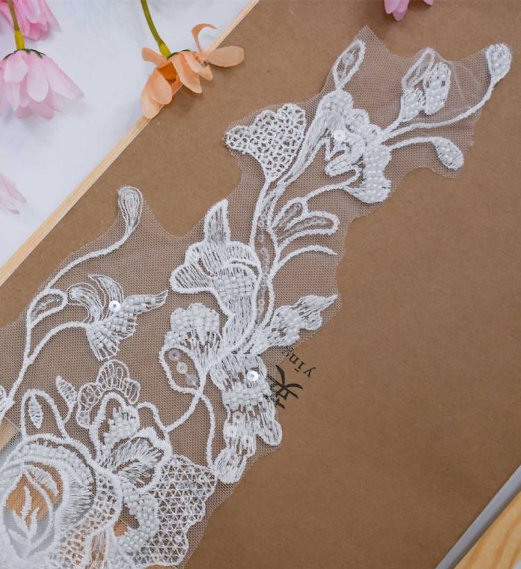 1 Yard Pair White Sequined Beaded Corded Embroidered 3D Floral Bridal Lace Trim Applique Material XB114