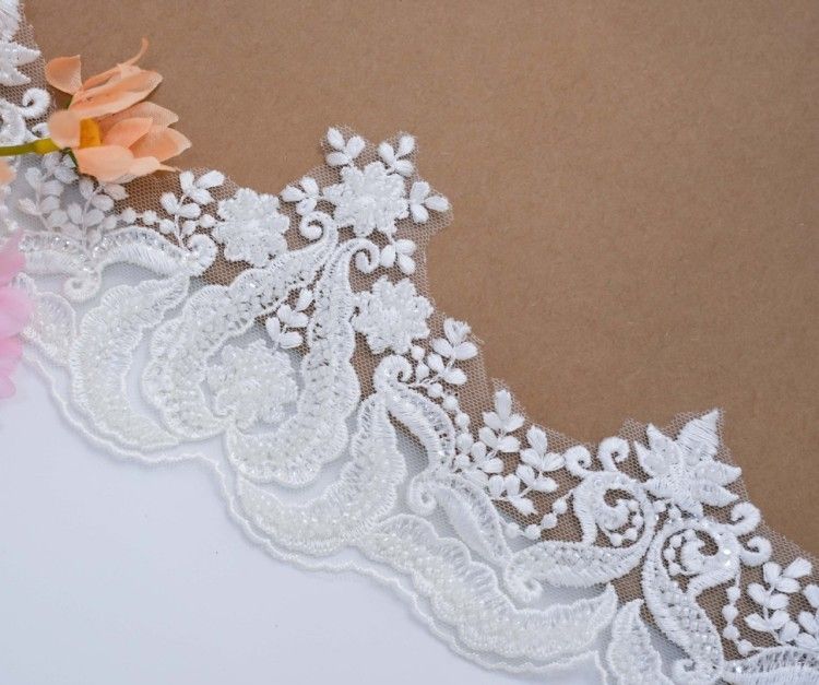 1 Yard Pair White Sequined Beaded Corded Embroidered 3D Floral Bridal Lace Trim Applique Material XB124