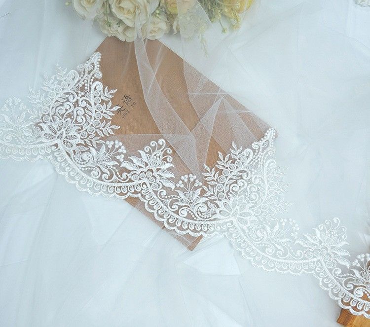1 Yard Pair White Sequined Beaded Corded Embroidered 3D Floral Bridal Lace Trim Applique Material XB128
