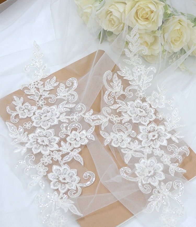 1 Yard Pair White Sequined Beaded Corded Embroidered 3D Floral Bridal Lace Trim Applique Material XB116