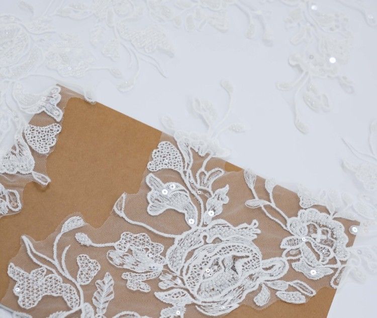 1 Yard Pair White Sequined Beaded Corded Embroidered 3D Floral Bridal Lace Trim Applique Material XB114