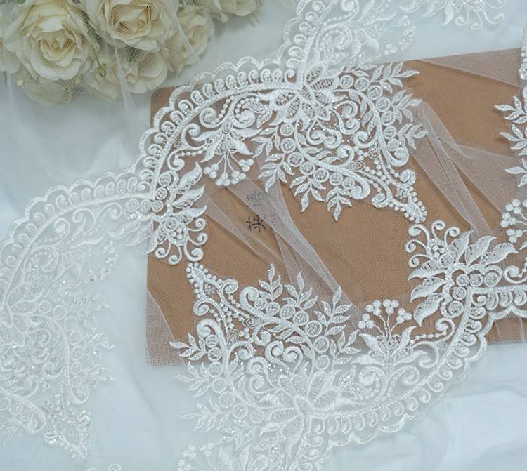1 Yard Pair White Sequined Beaded Corded Embroidered 3D Floral Bridal Lace Trim Applique Material XB128