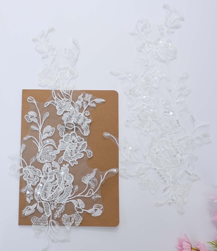 1 Yard Pair White Sequined Beaded Corded Embroidered 3D Floral Bridal Lace Trim Applique Material XB114B