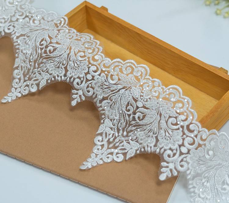 1 Yard Pair White Sequined Beaded Corded Embroidered 3D Floral Bridal Lace Trim Applique Material XB135