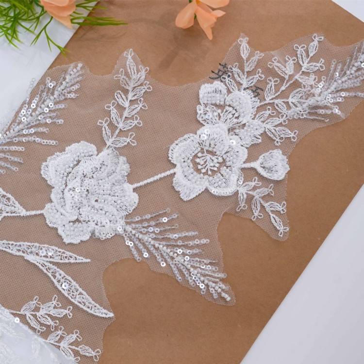 1 Yard Pair White Sequined Beaded Corded Embroidered 3D Floral Bridal Lace Trim Applique Material XB148
