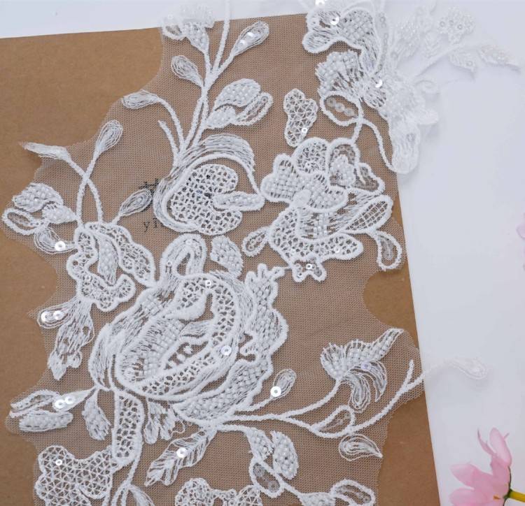 1 Yard Pair White Sequined Beaded Corded Embroidered 3D Floral Bridal Lace Trim Applique Material XB114