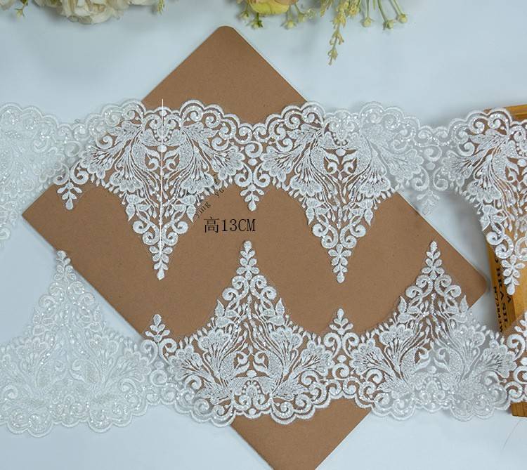 1 Yard Pair White Sequined Beaded Corded Embroidered 3D Floral Bridal Lace Trim Applique Material XB135