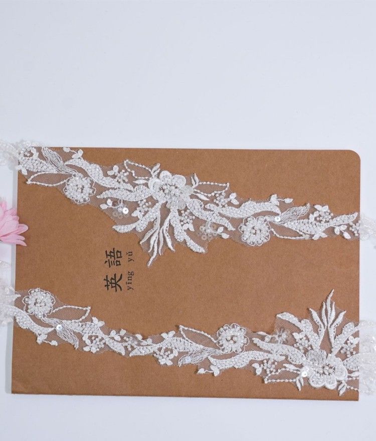 1 Yard Pair White Sequined Beaded Corded Embroidered 3D Floral Bridal Lace Trim Applique Material XB117