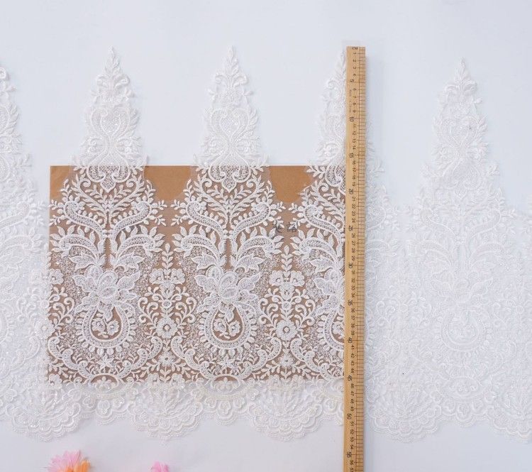 1 Yard Pair White Sequined Beaded Corded Embroidered 3D Floral Bridal Lace Trim Applique Material XB149