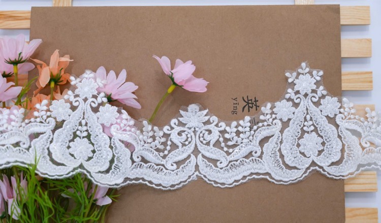 1 Yard Pair White Sequined Beaded Corded Embroidered 3D Floral Bridal Lace Trim Applique Material XB124