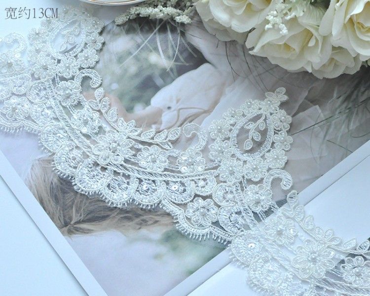 1 Yard Pair White Sequined Beaded Corded Embroidered 3D Floral Bridal Lace Trim Applique Material XB138