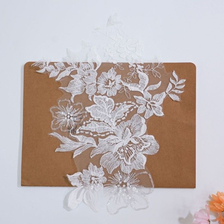 1 Pair White Sequined Embroidered Bridal Lace Applique Material XB111