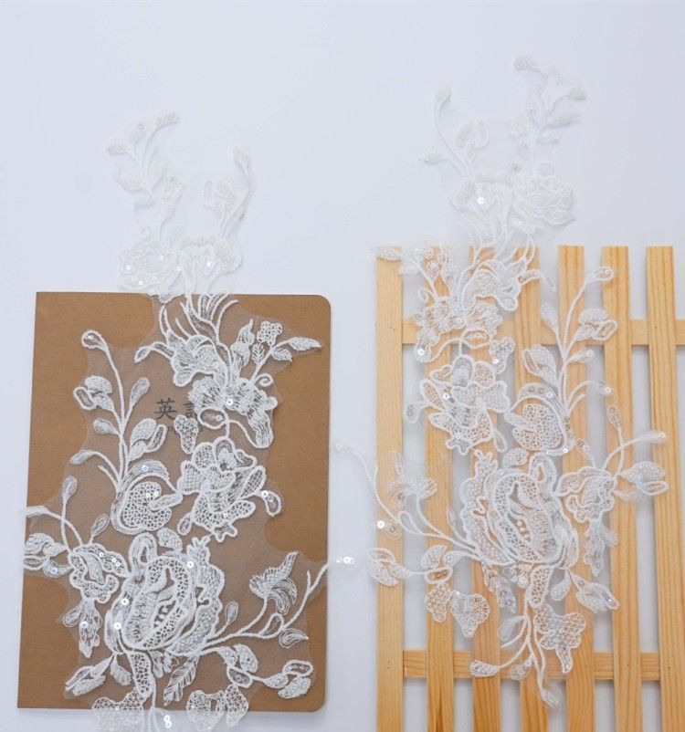 1 Yard Pair White Sequined Beaded Corded Embroidered 3D Floral Bridal Lace Trim Applique Material XB114B