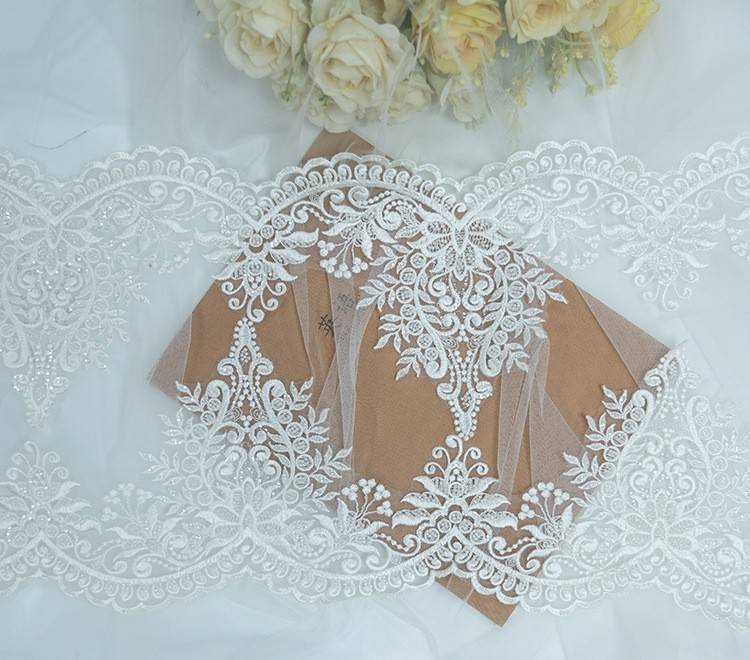 1 Yard Pair White Sequined Beaded Corded Embroidered 3D Floral Bridal Lace Trim Applique Material XB128