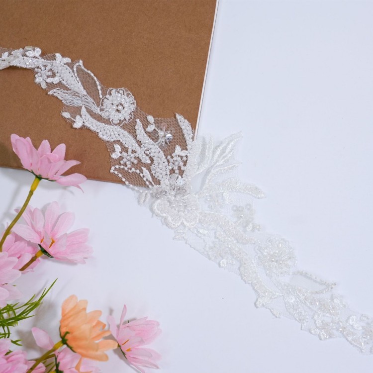 1 Yard Pair White Sequined Beaded Corded Embroidered 3D Floral Bridal Lace Trim Applique Material XB117