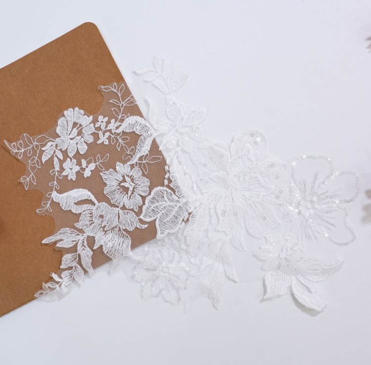 1 Pair White Sequined Embroidered Bridal Lace Applique Material XB111