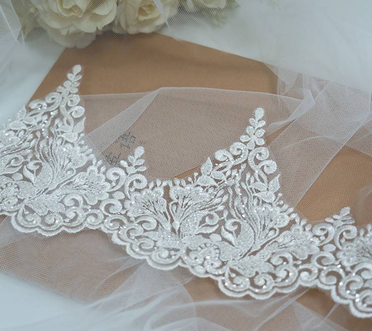 1 Yard Pair White Sequined Beaded Corded Embroidered 3D Floral Bridal Lace Trim Applique Material XB135