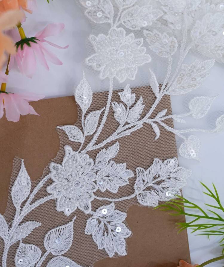1 Pair White Sequined Beaded Embroidered Bridal Lace Applique Material XB104