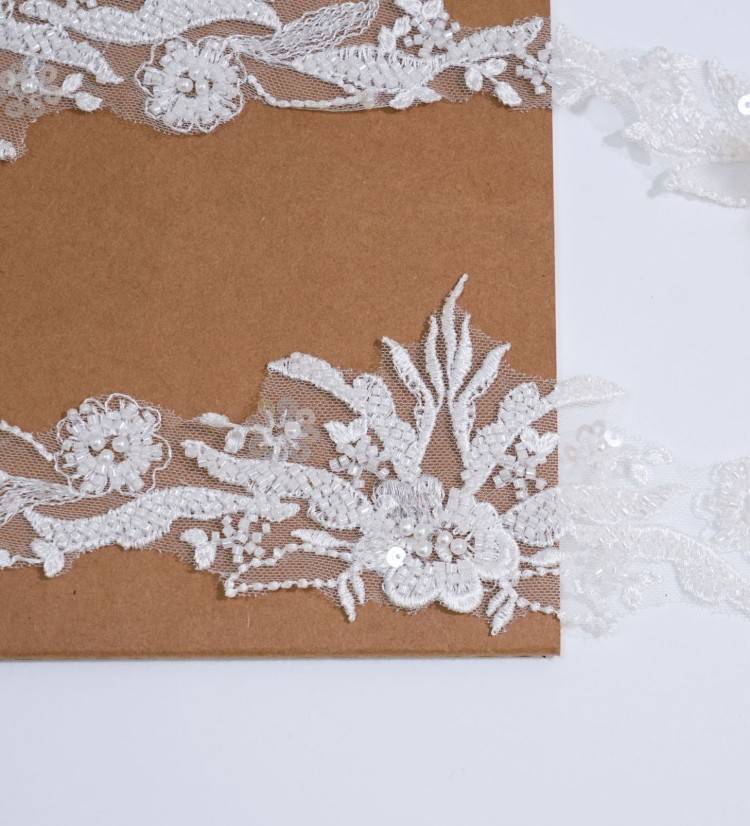 1 Yard Pair White Sequined Beaded Corded Embroidered 3D Floral Bridal Lace Trim Applique Material XB117