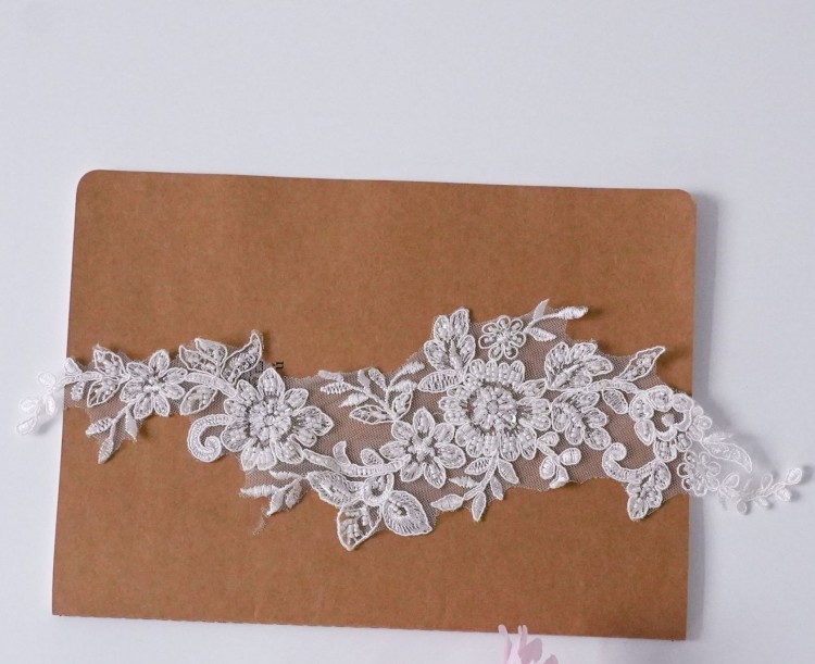 1 Yard Pair White Sequined Beaded Corded Embroidered 3D Floral Bridal Lace Trim Applique Material XB150