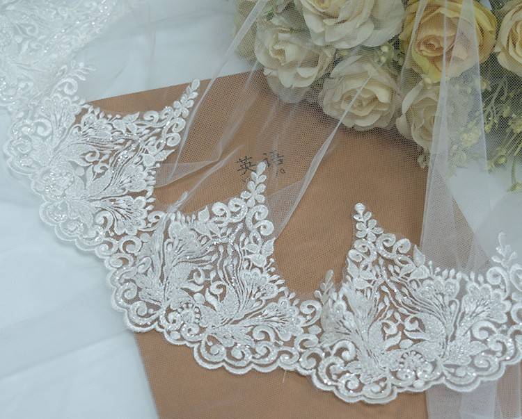 1 Yard Pair White Sequined Beaded Corded Embroidered 3D Floral Bridal Lace Trim Applique Material XB135