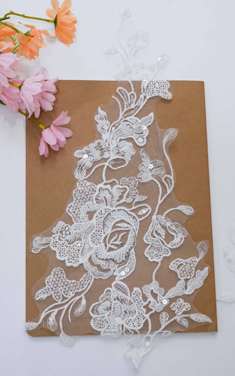 1 Yard Pair White Sequined Beaded Corded Embroidered 3D Floral Bridal Lace Trim Applique Material XB114
