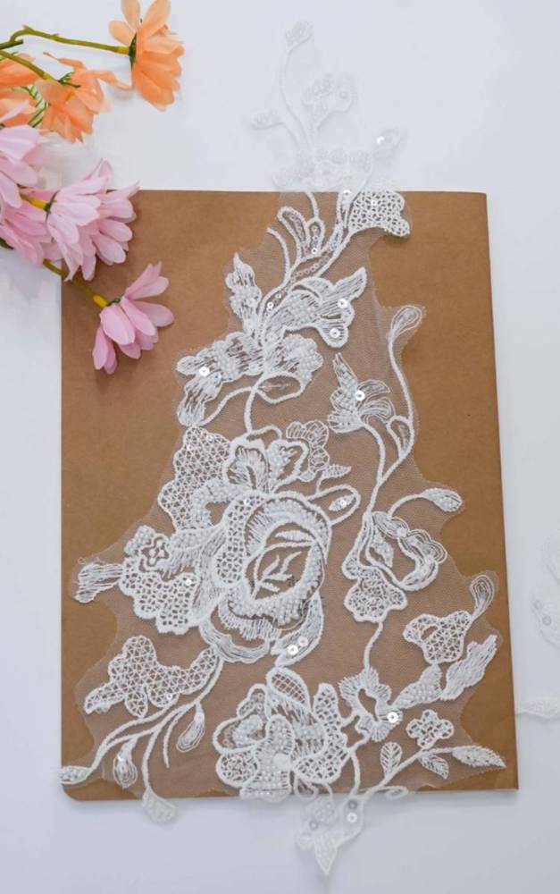 1 Yard Pair White Sequined Beaded Corded Embroidered 3D Floral Bridal Lace Trim Applique Material XB114