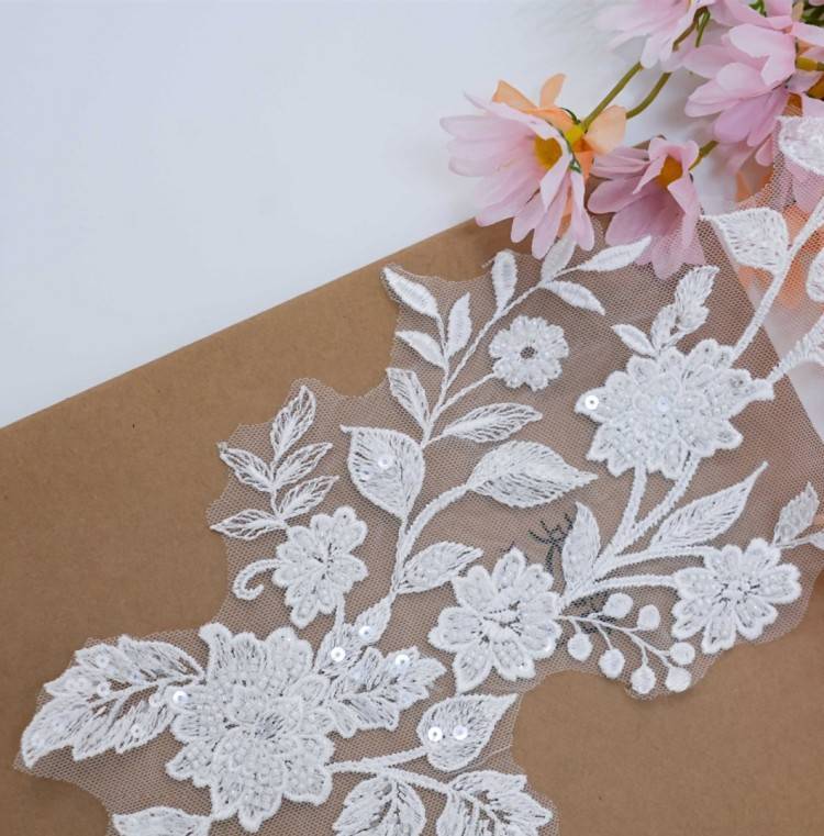 1 Pair White Sequined Beaded Embroidered Bridal Lace Applique Material XB104