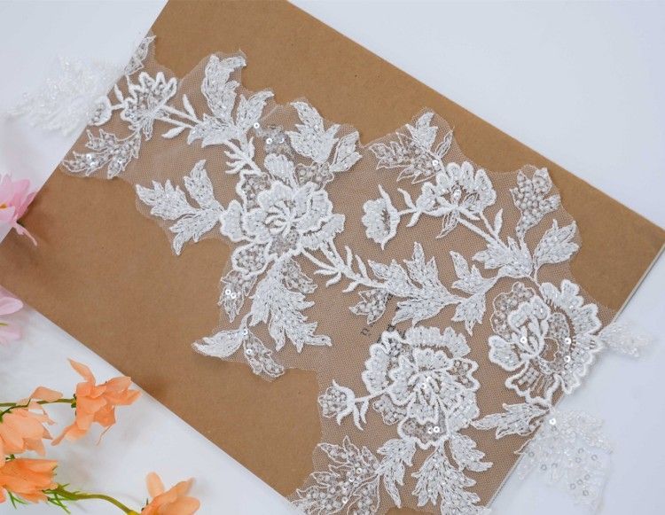 1 Yard Pair White Sequined Beaded Corded Embroidered 3D Floral Bridal Lace Trim Applique Material XB139