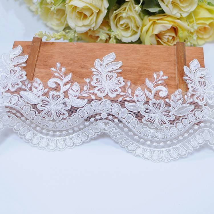 1 Yard Pair White Sequined Beaded Corded Embroidered 3D Floral Bridal Lace Trim Applique Material XB147