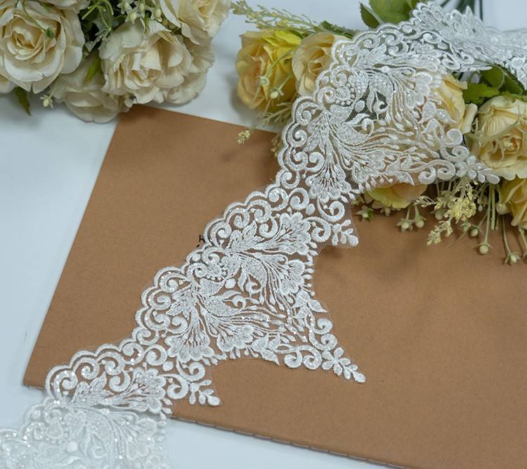 1 Yard Pair White Sequined Beaded Corded Embroidered 3D Floral Bridal Lace Trim Applique Material XB135