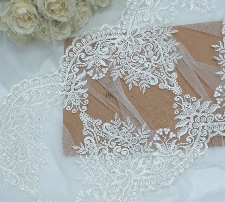 1 Yard Pair White Sequined Beaded Corded Embroidered 3D Floral Bridal Lace Trim Applique Material XB128