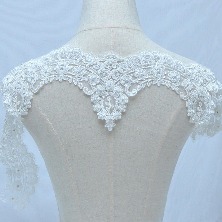 1 Yard Pair White Sequined Beaded Corded Embroidered 3D Floral Bridal Lace Trim Applique Material XB138
