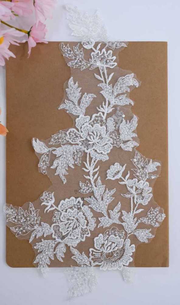 1 Yard Pair White Sequined Beaded Corded Embroidered 3D Floral Bridal Lace Trim Applique Material XB139
