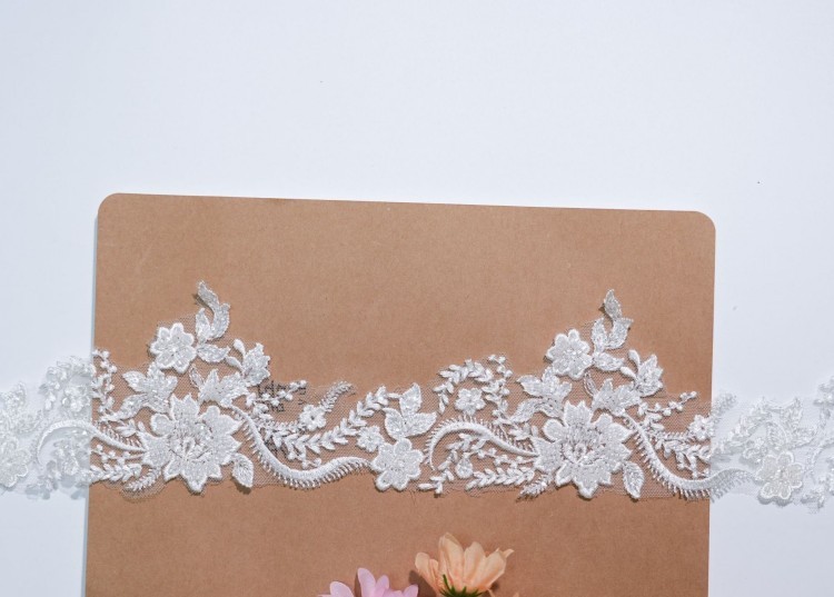 1 Yard Pair White Sequined Beaded Corded Embroidered 3D Floral Bridal Lace Trim Applique Material XB145