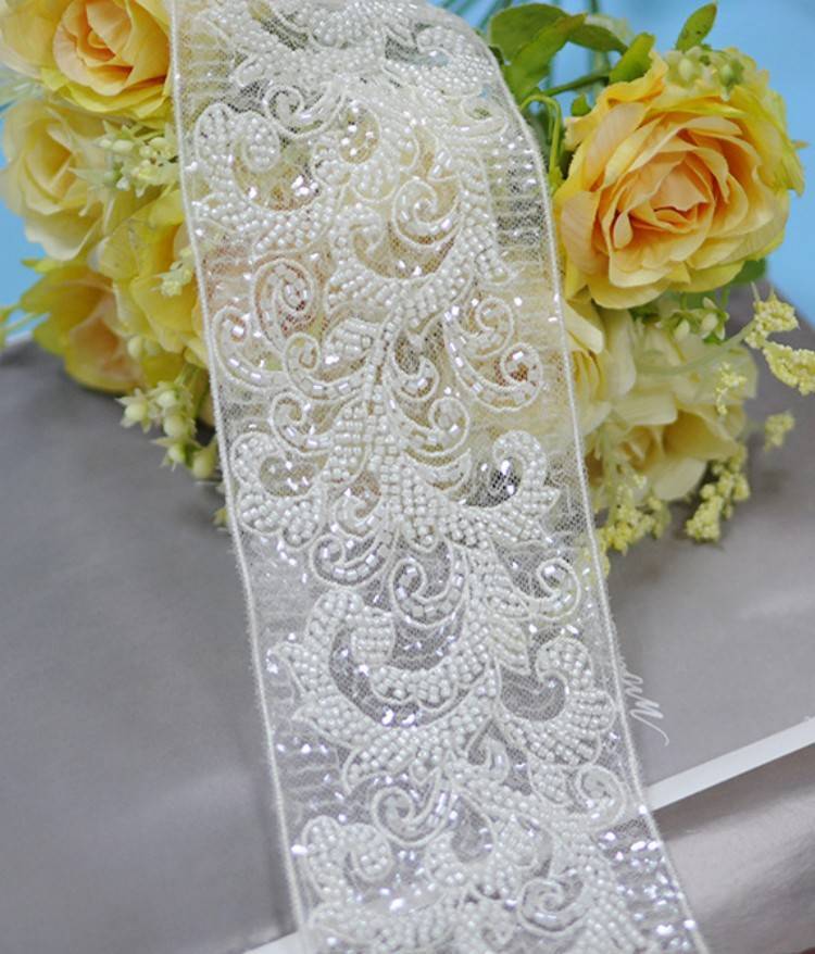 1 Yard Pair White Sequined Beaded Corded Embroidered 3D Floral Bridal Lace Trim Applique Material XB132