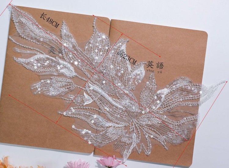 1 Yard Pair White Sequined Beaded Corded Embroidered 3D Floral Bridal Lace Trim Applique Material XB122